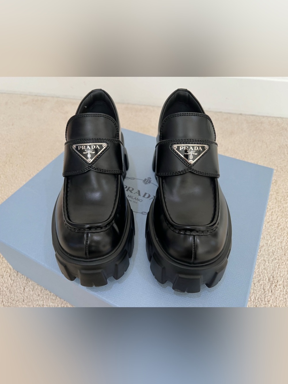 Prada Brushed Leather Monolith Loafers
